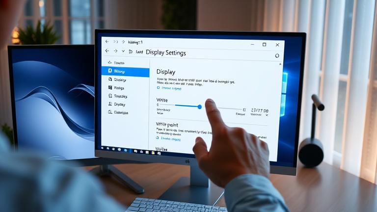 alt_text: Person calibrates display settings on Windows 11, focusing on white point adjustment.