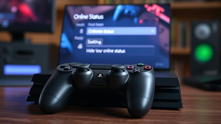 PS4 with online status menu, controller, and gaming setup—guiding privacy tips for gamers.