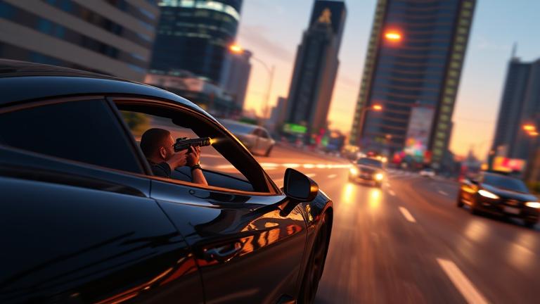 alt_text: GTA 5 Xbox scene of a player shooting from a speeding car at sunset city.