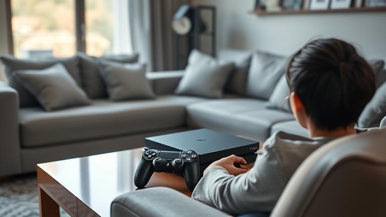 alt_text: Person in modern living room looking at PS4, with account settings and privacy cues.