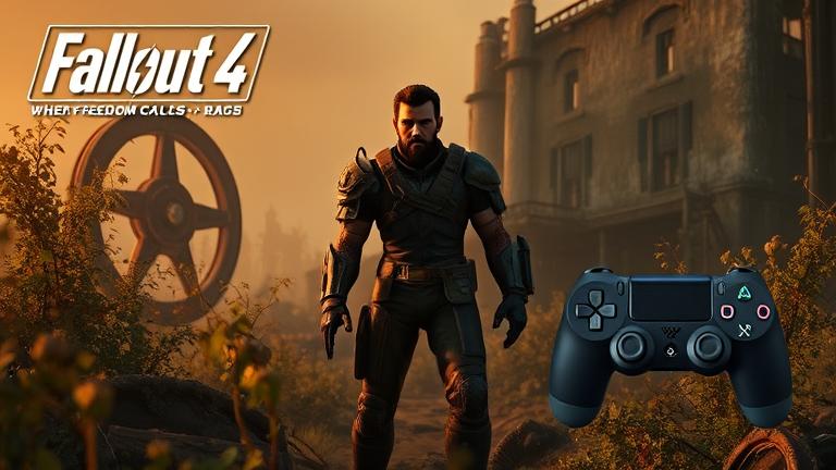 alt_text: Post-apocalyptic scene with armored player, ruins, Vault-Tec logo, glitch effects, PS4 controller.