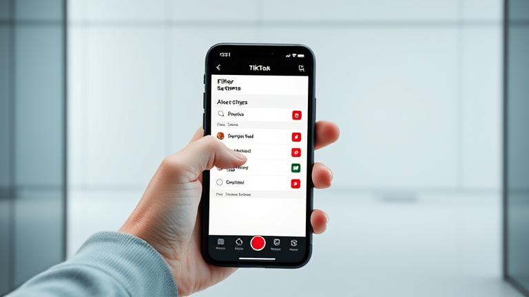 alt_text: Smartphone screen with TikTok filters, hand tapping to remove the red filter in a sleek setting.