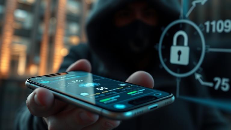 alt_text: Close-up of iPhone with tracking icons, privacy symbols, and a shadowy figure.