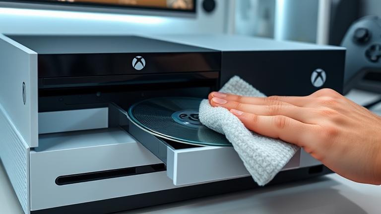alt_text: Person cleaning Xbox One disc reader with soft cloth in a modern gaming setup.