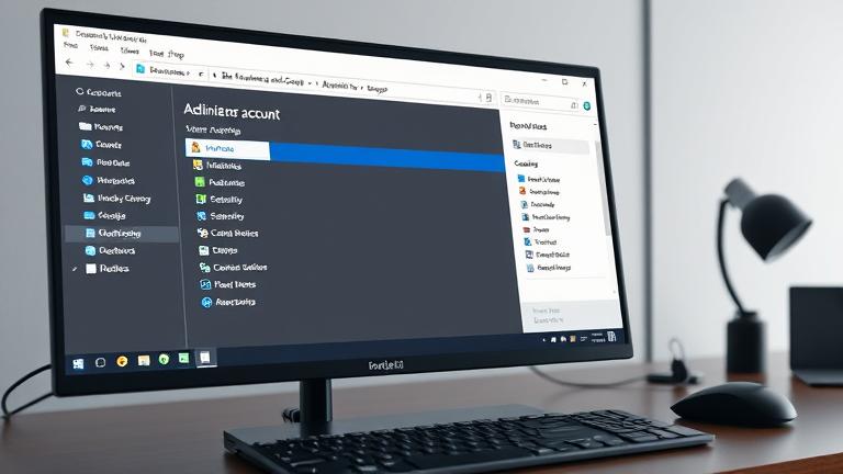 alt_text: Realistic desktop with user managing Windows accounts, highlighting administrator info.