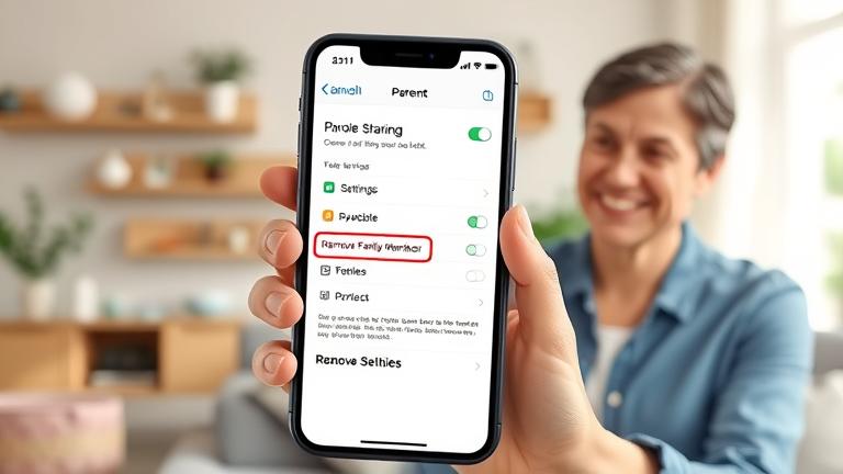 alt_text: Parent removing a child from Family Sharing on iPhone, in a bright, modern home.