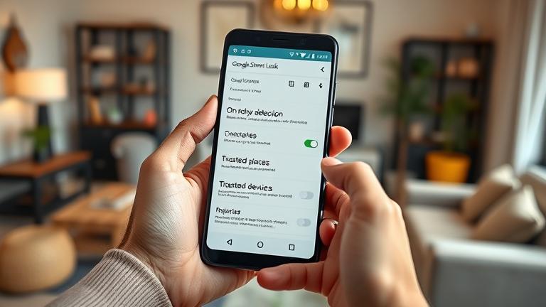 alt_text: Person with Android phone showing Smart Lock settings in a modern, tech-friendly space.