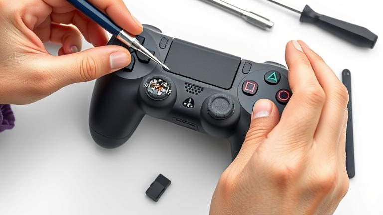 alt_text: Person disassembling a PS4 controller with tools, revealing internal circuits in a clean, educational scene.