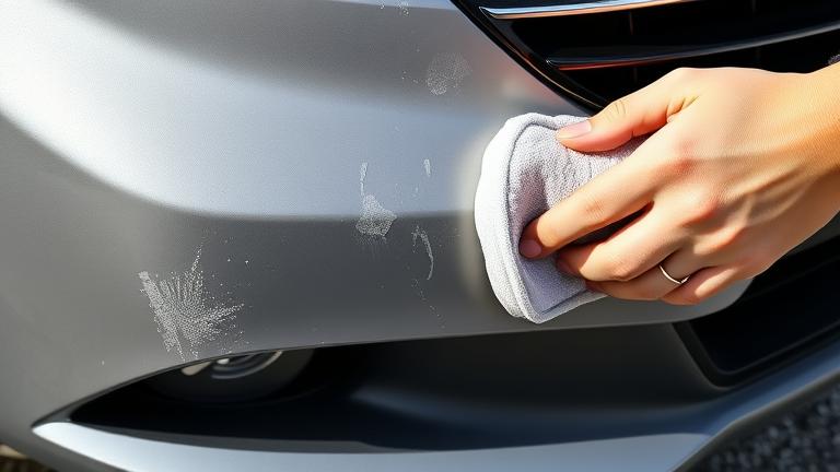 alt_text: Close-up of car bumper being carefully cleaned to remove paint splatters with natural light.
