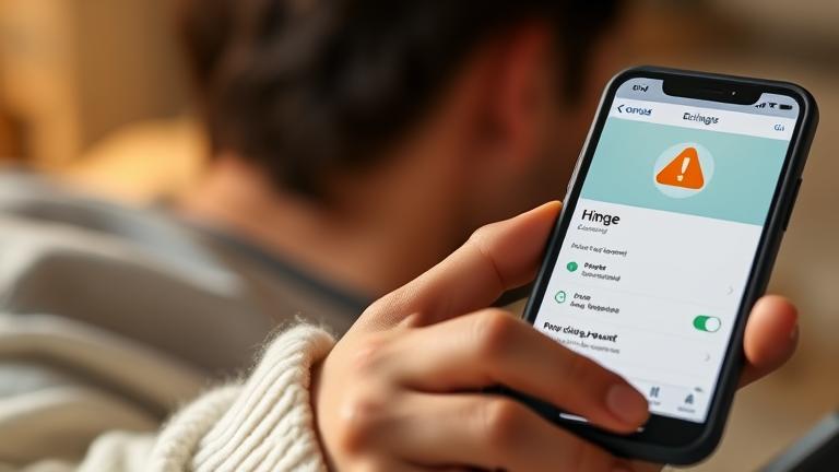 alt_text: Person contemplating deleting their Hinge account, shown on phone with warning icons, cozy setting.