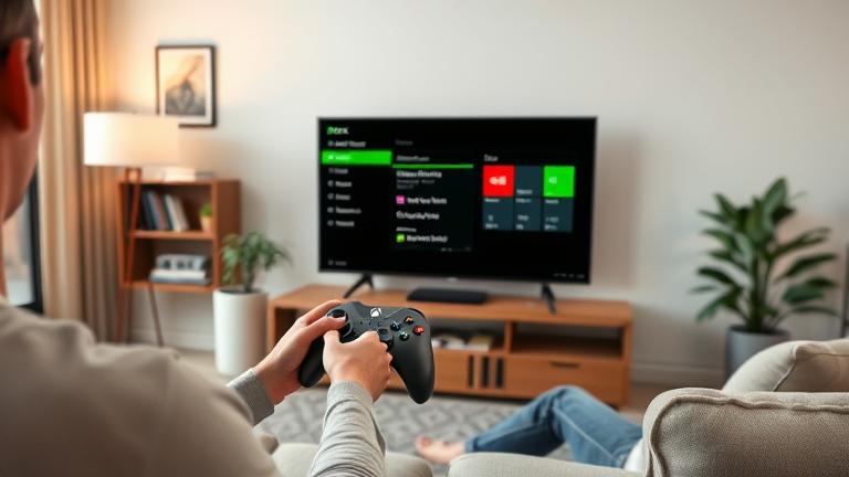 alt_text: Person using Xbox in cozy living room, adjusting display settings on TV.