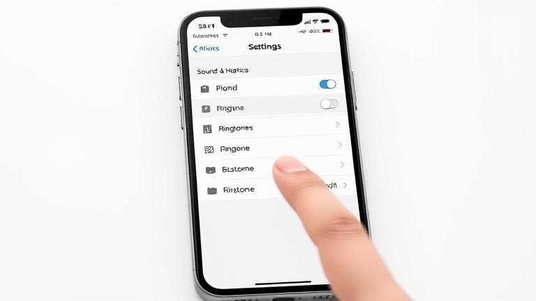 alt_text: iPhone screen showing "Sounds & Haptics," finger tapping to manage ringtones.