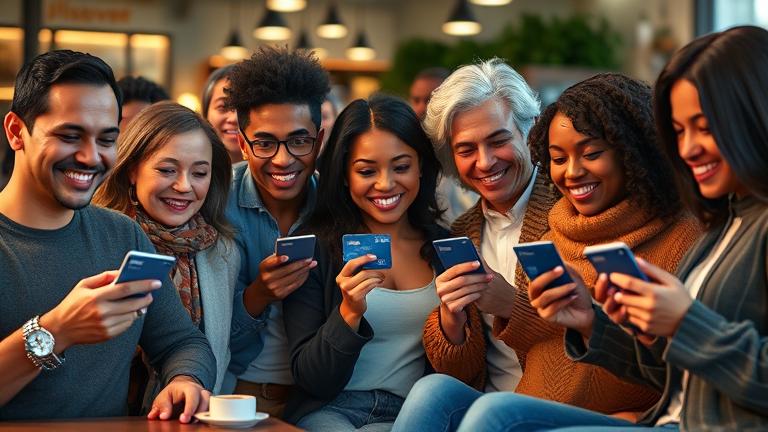 alt_text: Diverse people confidently using Discover Card in a vibrant urban or cafe setting.