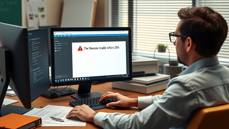alt_text: Frustrated professional at cluttered desk面对Office 365 error "filename invalid"