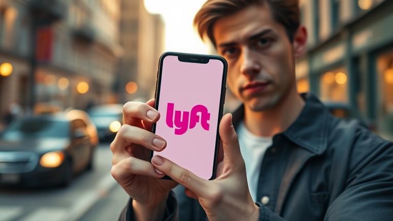 alt_text: Person with smartphone showing Lyft app, city street background, warm lighting, hopeful tone.