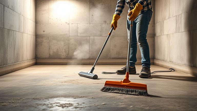 alt_text: Person cleaning a dusty basement floor with a broom and vacuum, highlighting home maintenance.