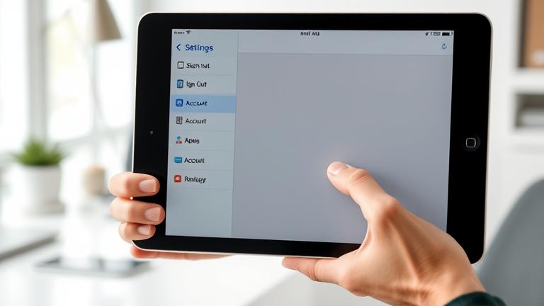 alt_text: Close-up of iPad with Settings on Accounts, person managing account in a sleek workspace.
