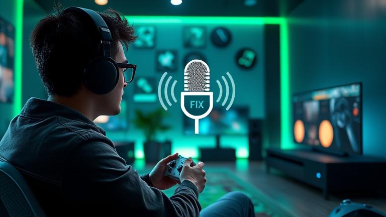 alt_text: Player fixes Xbox mic echo with troubleshooting steps in a sleek gaming setup.