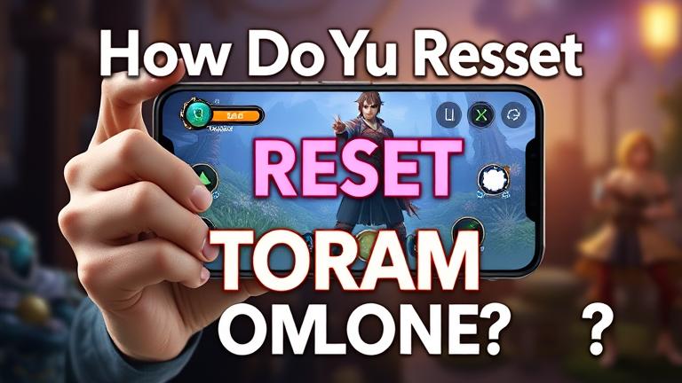 alt_text: Person holding a smartphone showing Toram Online with reset icon, fantasy background.