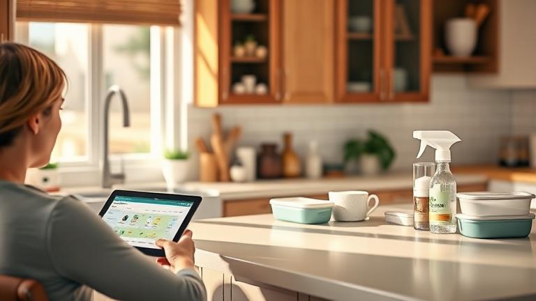 A person managing Grove subscription at a tidy kitchen with eco products, using a tablet or laptop.