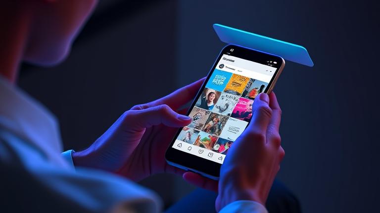 alt_text: Person using a futuristic device with Instagram liked posts in 2025, holographic and vibrant.