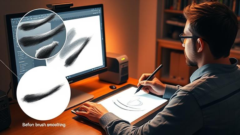 alt_text: Digital artist smoothing brush strokes in Photoshop on a tablet with before-and-after view.