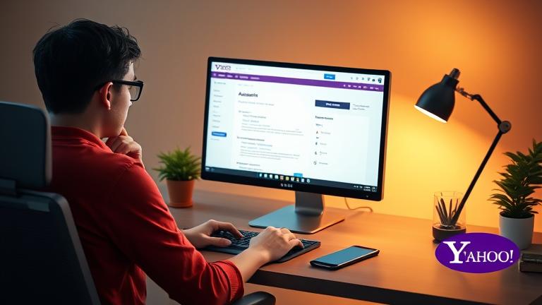 alt_text: Person deletes Yahoo Answers account at modern desk, focused and determined, with warm lighting.