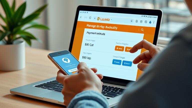 alt_text: User managing payment methods on Lazada app with secure, easy interface in bright colors.
