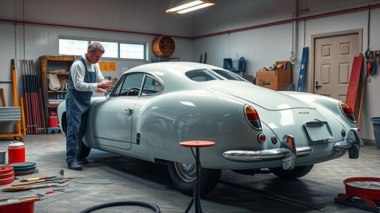 alt_text: Artist painting a vintage car with vibrant colors in a well-lit workshop, full of tools.