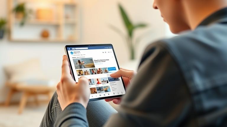 alt_text: Young adult managing Facebook photos on laptop in a cozy room, deleting images.