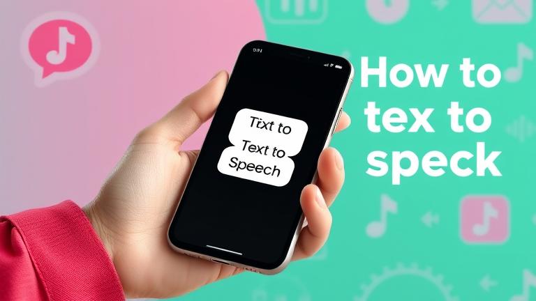 alt_text: Person with TikTok app open, showing speech bubbles and audio icons for text-to-speech tutorial.