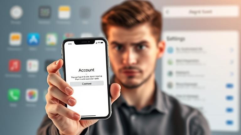 alt_text: Person worriedly viewing account deletion confirmation on phone, with app icons in the background.