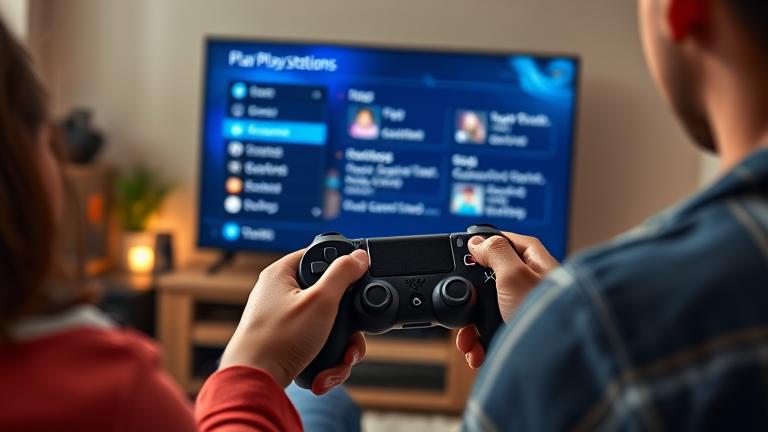 alt_text: Parent manages child's PS4 account settings on TV, in a cozy family living room.