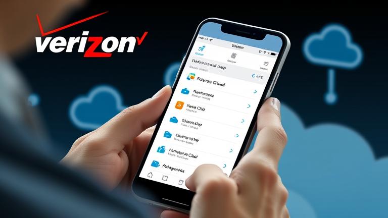 alt_text: Person using Verizon Cloud app on smartphone with cloud icon and clean design.