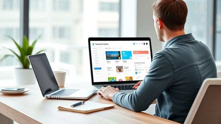 alt_text: Person at desk with laptop showing Hootsuite; social icons blurred in modern, bright setting.