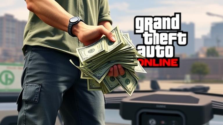 alt_text: Player drops virtual cash in GTA 5 Online on Xbox 360 against Los Santos backdrop.