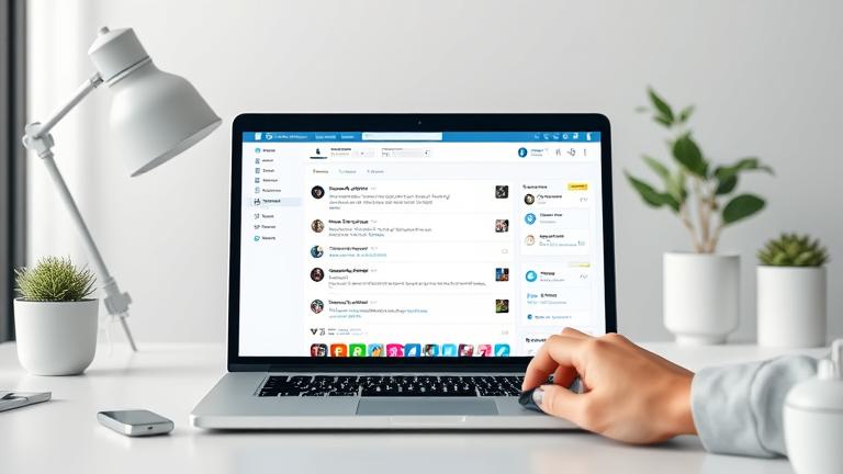 alt_text: Person managing tweets on a computer, with icons showing bulk deletion in a modern workspace.