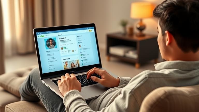 alt_text: Person at home managing Hulu profile on laptop in cozy room.