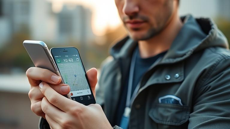 alt_text: Person using device to locate their lost iPhone 5s with map and tracking icons.