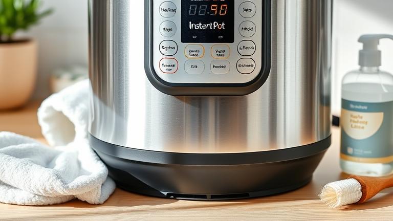 alt_text: Clean Instant Pot with cleaning supplies in a bright, tidy kitchen for maintenance tips.