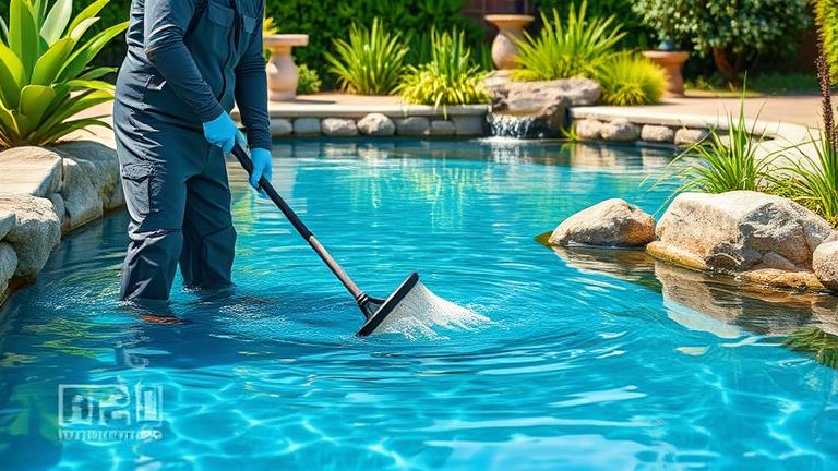 alt_text: Person cleaning a serene backyard pond with lush greenery and clear blue water.