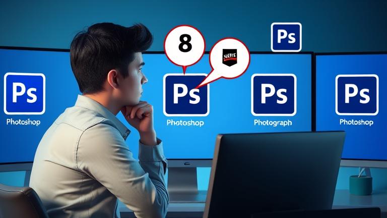 alt_text: Designer ponders uninstalling old Photoshop versions on a vibrant, professional workspace screen.