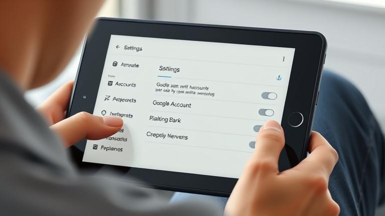 alt_text: Person manages Google account on Kindle Fire, with settings screen and tech-savvy vibe.