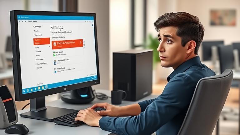 alt_text: Person at computer exploring administrator settings with a "Turn Off Administrator" option visible.