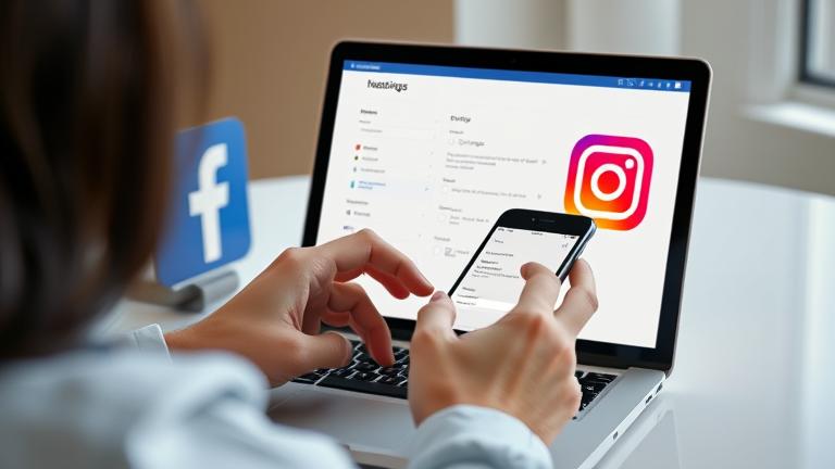 alt_text: Person managing social media accounts with Facebook and Instagram logos in a modern setting.