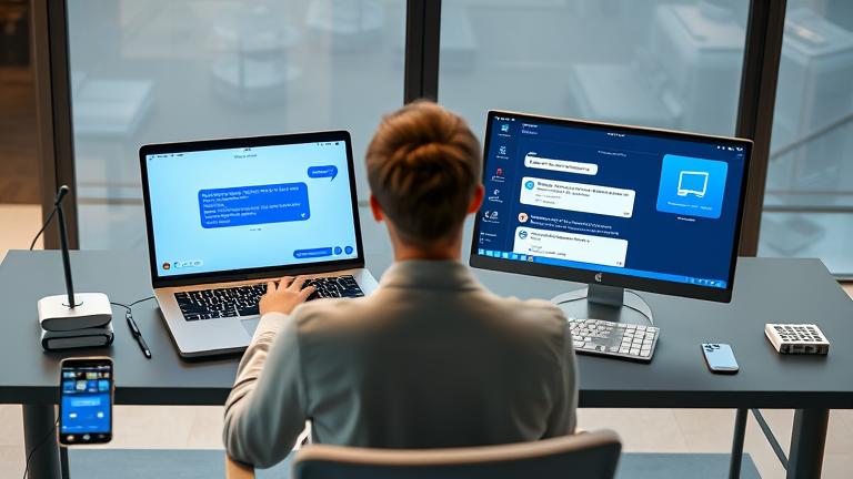 alt_text: Person messaging on MacBook and Windows PC side by side, illustrating cross-platform iMessage use.