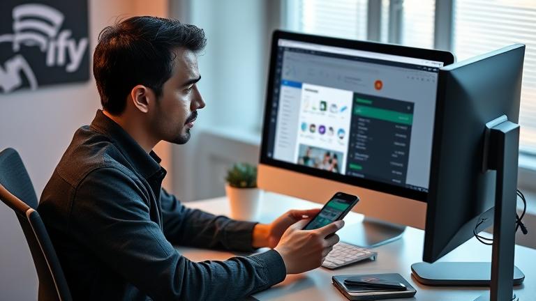 Alt_text: Person focused on device with Spotify app open, symbolizing account management or troubleshooting.