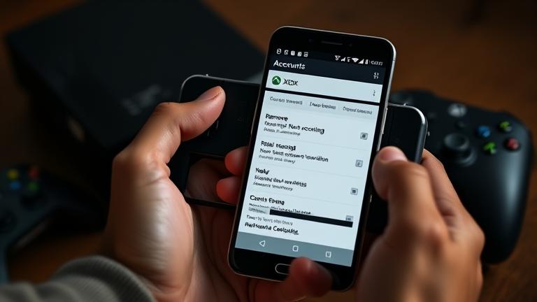 alt_text: Person manages Xbox account on phone with gaming elements in background.