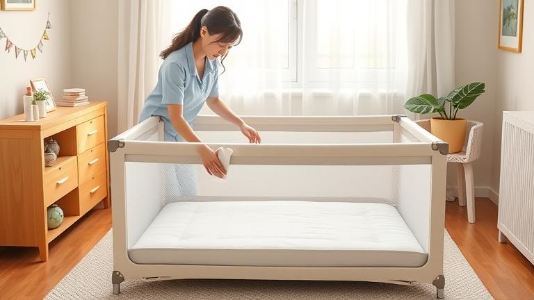 alt_text: Caregiver cleaning a padded playpen in a bright, cheerful, safe, and hygienic room.