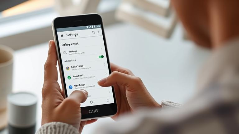 alt_text: Person deleting Google account on LG phone in modern workspace, settings menu visible.